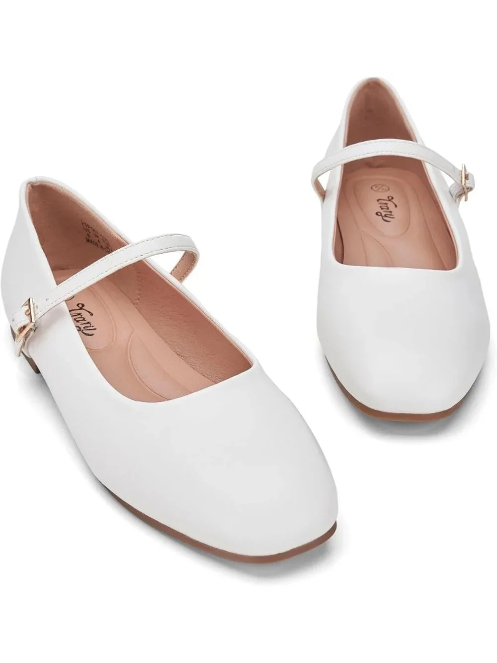 Women's White Square Toe With Adjustable Buckle Strap Ballet Flat Slip On Shoes